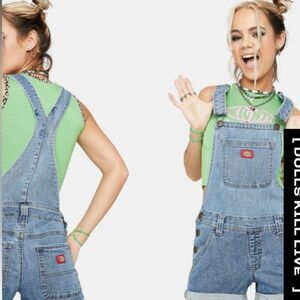 Dickies Girl Dolls Kill Roll Hem Denim Overall Shortalls Sz XL